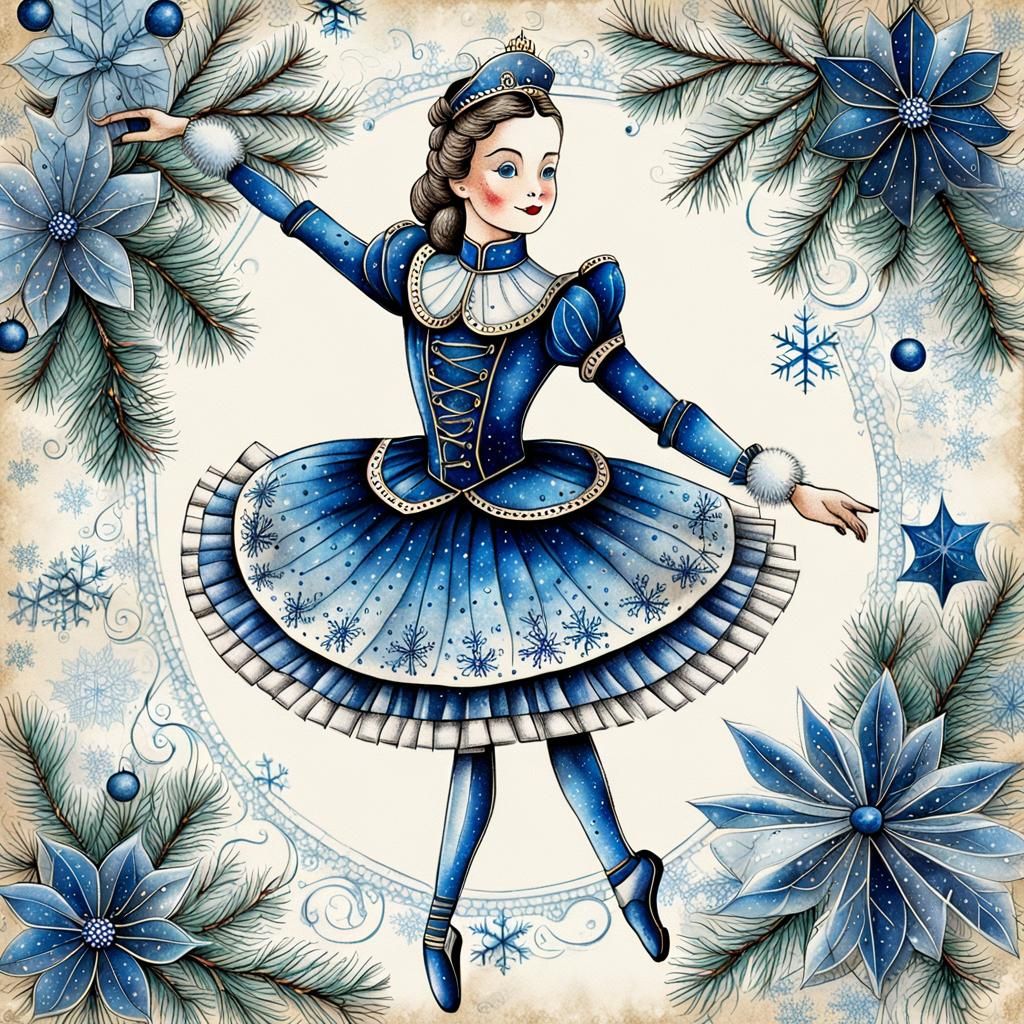 (detailed ink drawing of a Nutcracker, in a chic uniform, on...