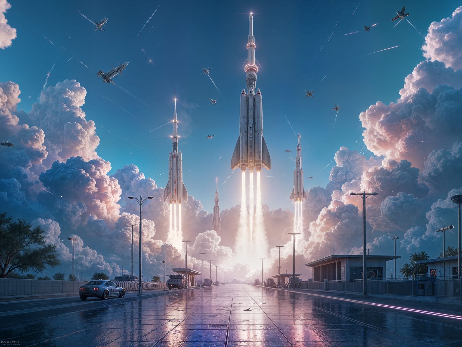 rockets blasting off from a spaceport
