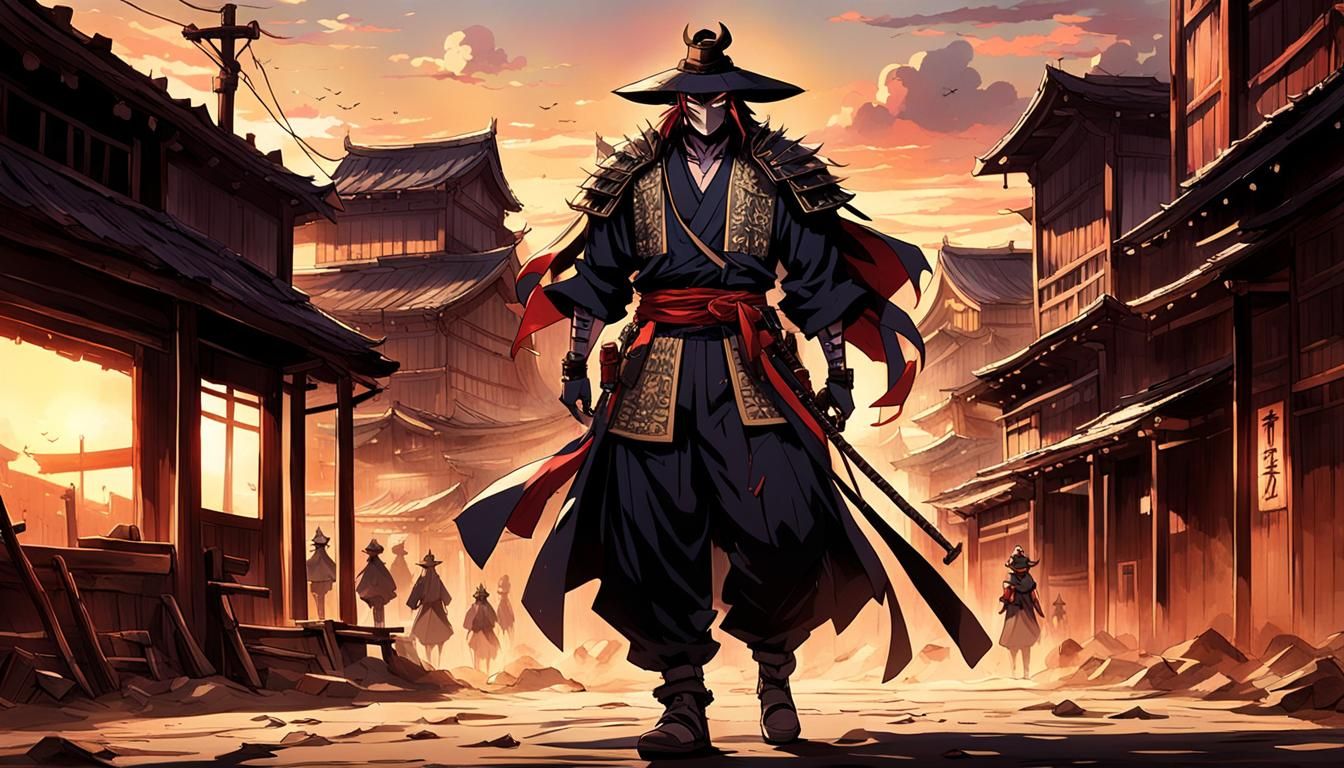 "Depict an anime villain standing confidently in the center of a deserted, old Western town at sunset. The character com...