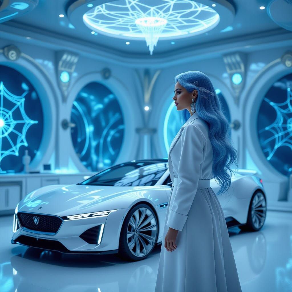 A mystical automotive design studio where concept cars are envisioned with chassis and detailing spun from iridescent spider silk. A beautif...