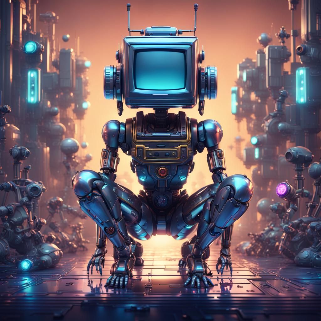 android robotic shiny metal surface, kneeling on the floor, ...