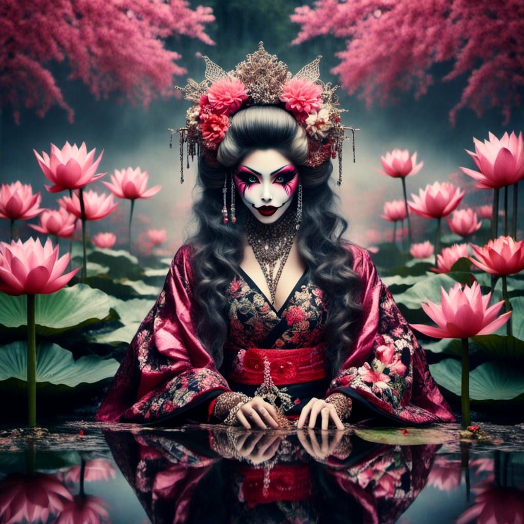 <lora:Carni Clown Punk:1.0> 
<lora:Beautiful Geisha:1.0> 
beautiful stunning woman reflection pond lotus tropical 