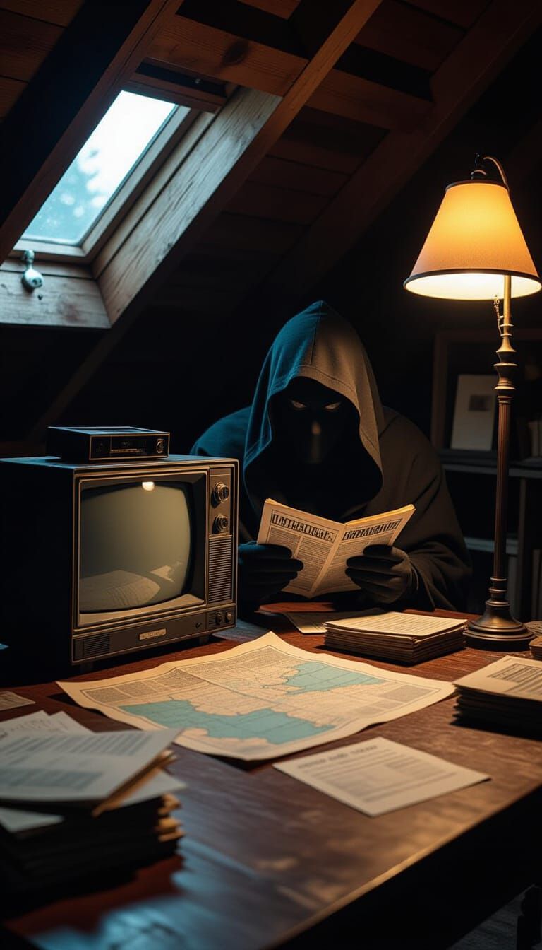 Mysterious Figure in Cluttered Attic with Vintage Treasures