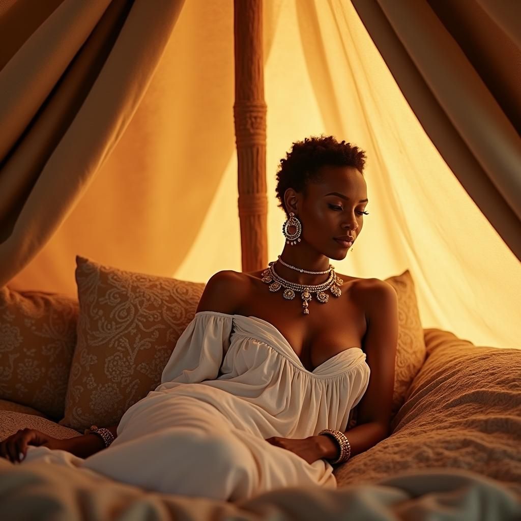 A photo of a large Bedouin tent in the desert. Inside the tent, a strikingly beautiful young alluring  African woman with a  is laying on he...