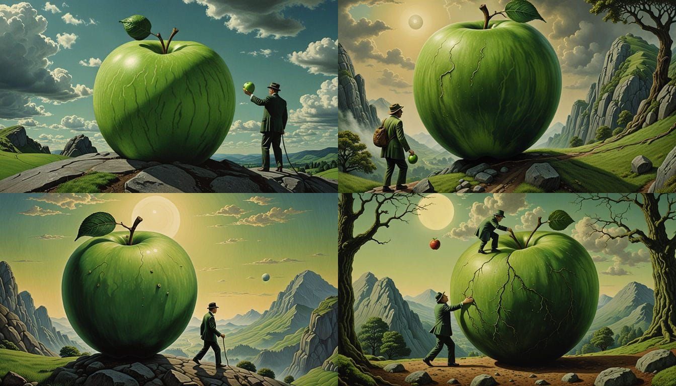 Sisyphus pushing a giant green apple uphill. style of Magritte. Sisyphus is wearing a boulder hat.