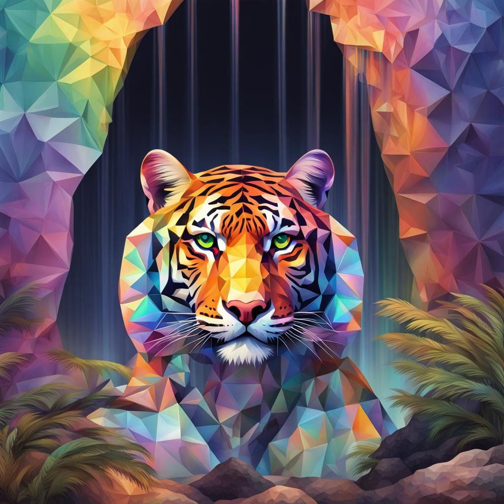 Holographic prismatic poly Geometric tiger near waterfall 