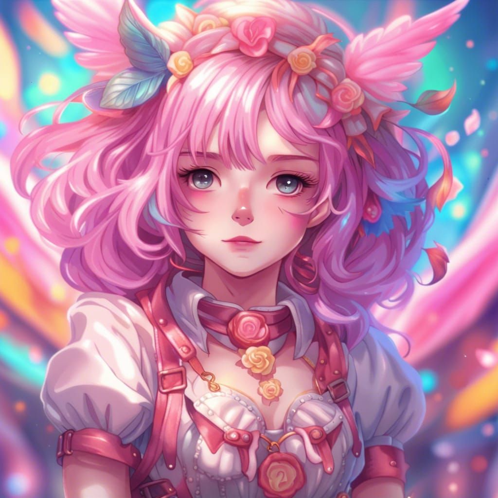 Dreamy goddess with pastel pink wavy hair, pastel aesthetic, shimmering dress, pastel mosaic background, intricately detailed photorealistic...