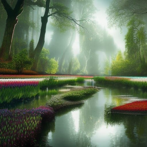 tulips on the edge of a river with reflections and tall tree...