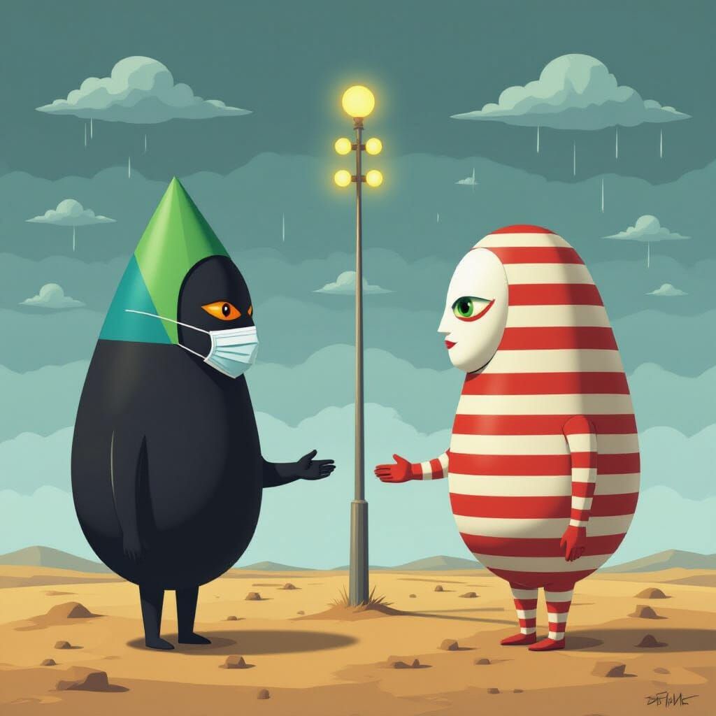 Surreal Egg Figures in Stormy Landscape Oil Painting