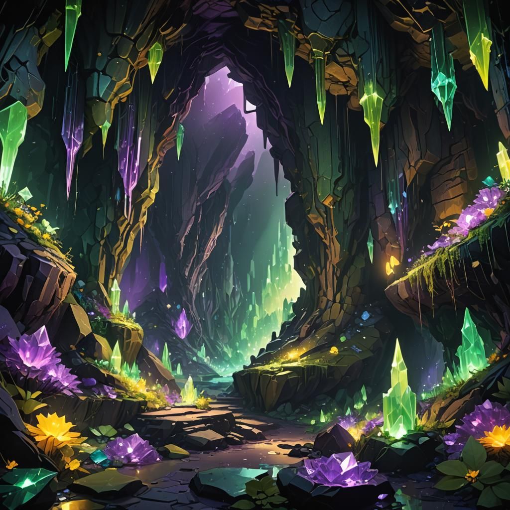Glowing Crystals in a Dark Fantasy Cave