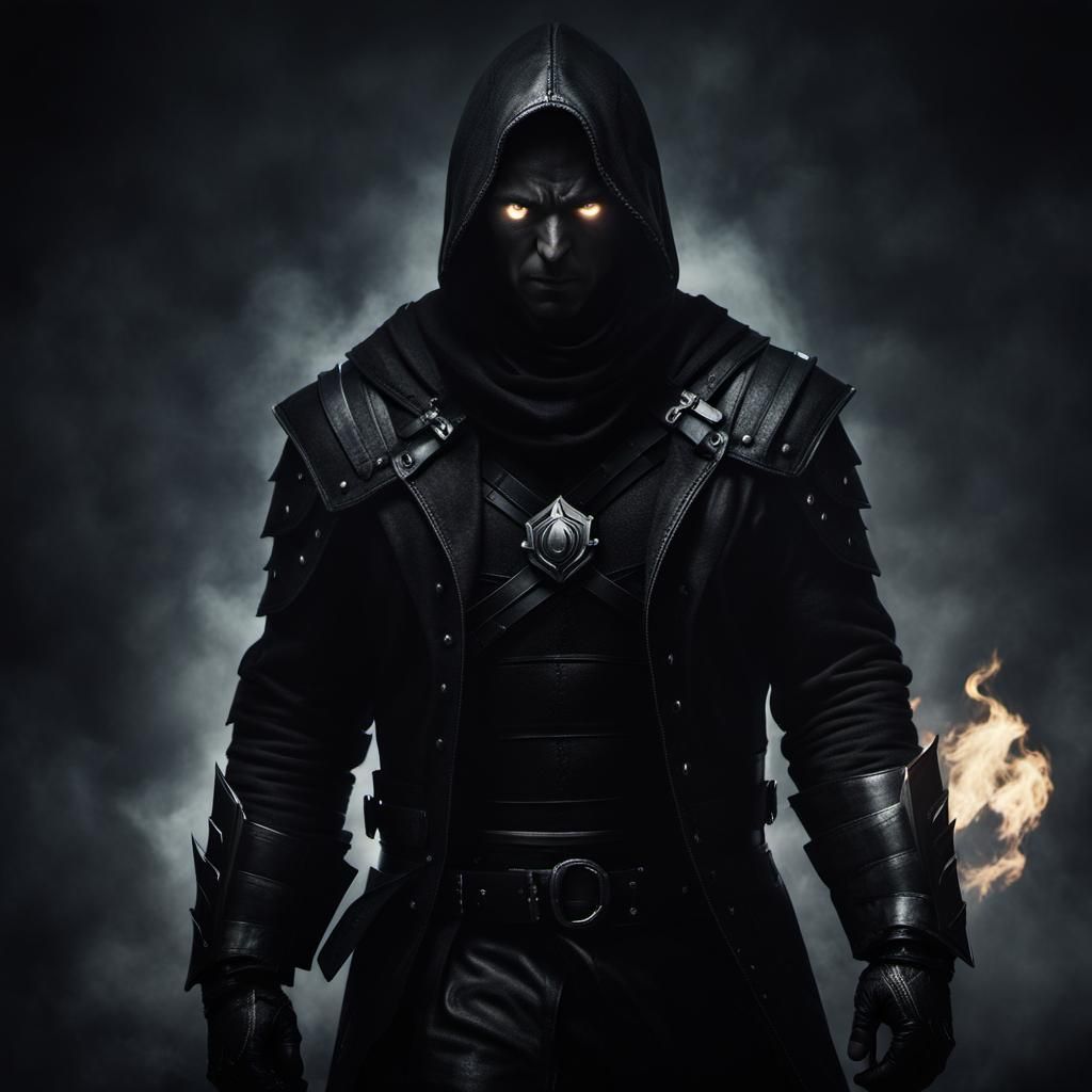 eerie darkness hooded man creature ,scary white glowing eyes with flames coming from his fist,black leather ...  by @Steven 