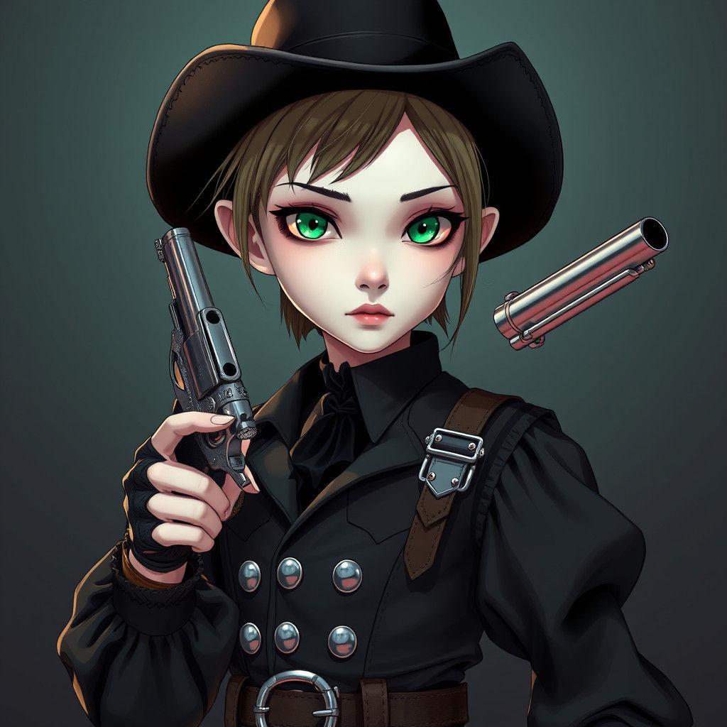 A young cowboy of short stature, thin. Pale face, green eyes, feminine features. Dressed in black clothes. Holds a chrome revolver in his ha...