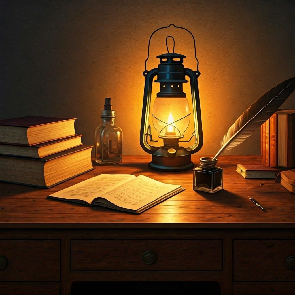 Richly Detailed Study of a Scholar's Desk by Antique Oil Lam...