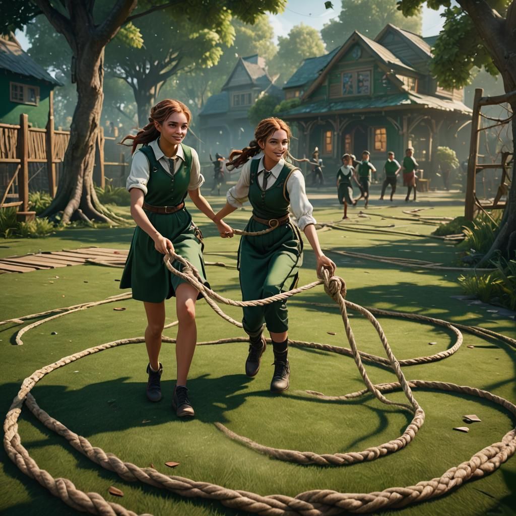 A beautiful girl playing rope rolling game with her friend in a green ...