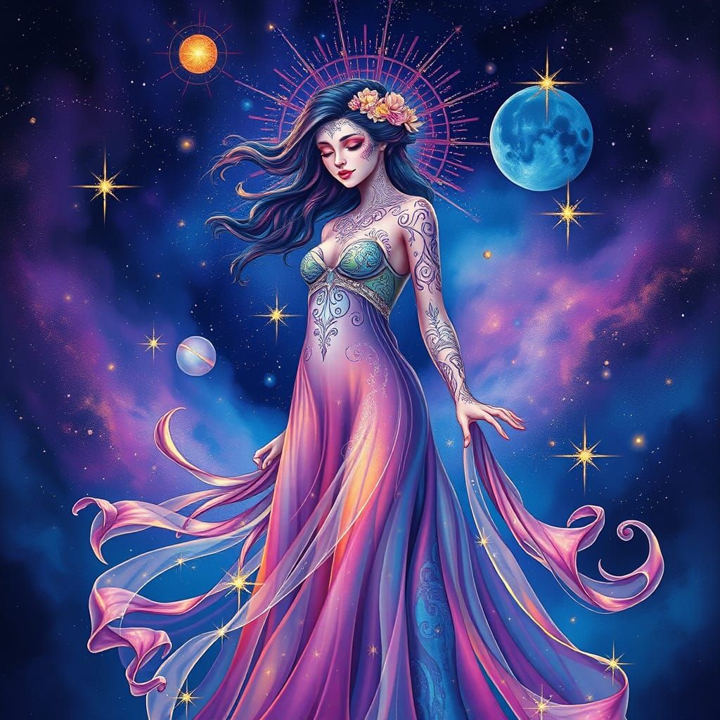 Mystical Goddess in Cosmic Aura with Swirling Patterns