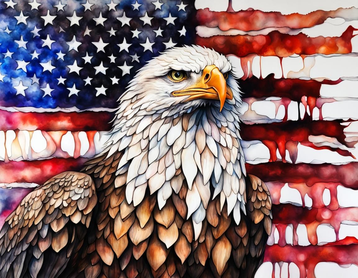 Alcohol ink. Proud eagle highly detailed with a ragged American flag ...