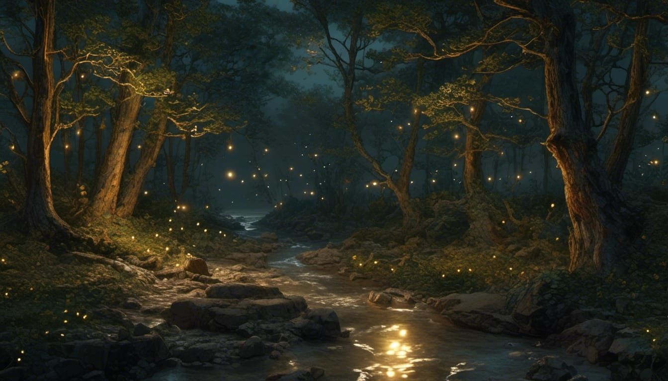 a forest stream at night with glowing fireflies
