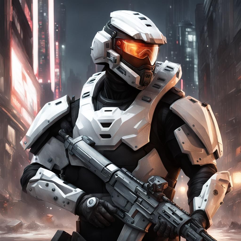 Male soldier heavy armored riot control in dystopian city wh...
