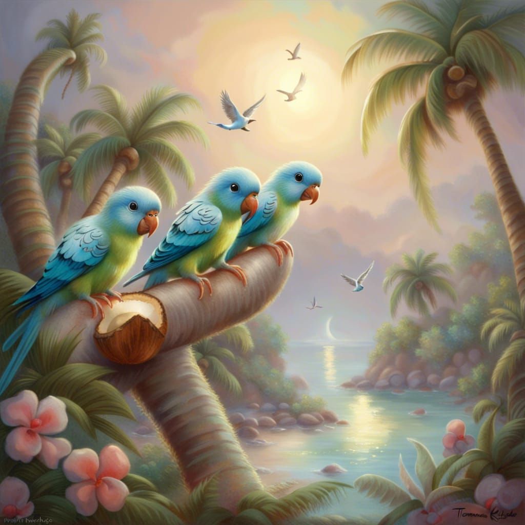 Cute baby parakeets on a tropical island in the Bahamas
