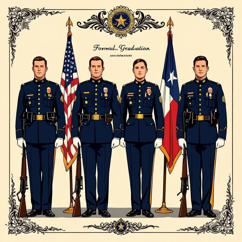Create a graduation certificate of a police honor guard with two officers on the outside of the formation with rifles.  The two inside offic...