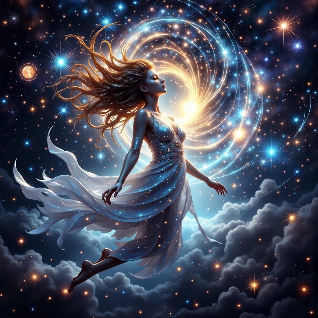 <lora:Cosmic Spiced:1.0> <lora:Exquisite Flux:1.0> a beautiful picture of a woman floating through space as if a goddess inside a black hole