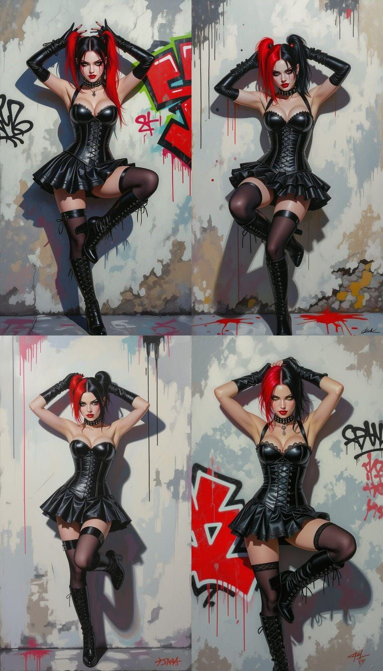 Woman in Leather Outfit with Graffiti Art