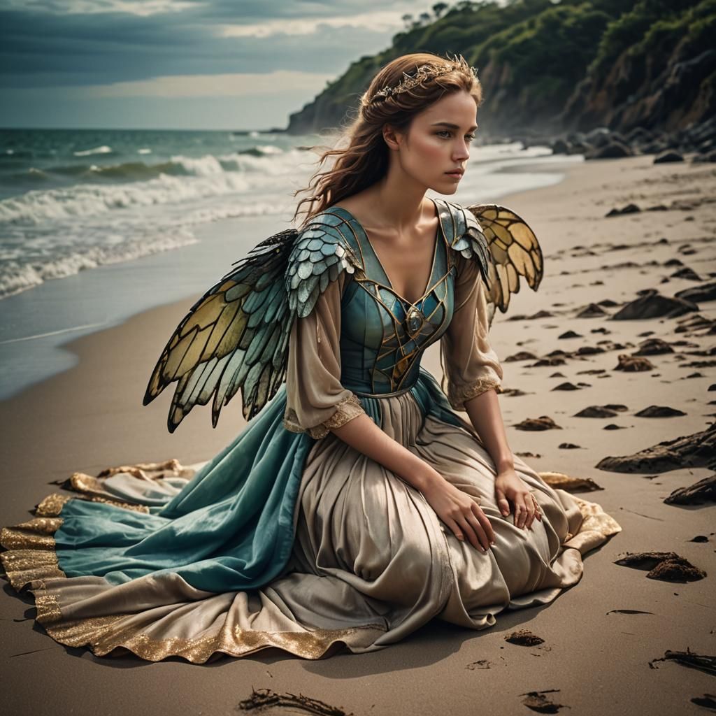 Dreamy sea princess with stained glass wings and a sand colo...