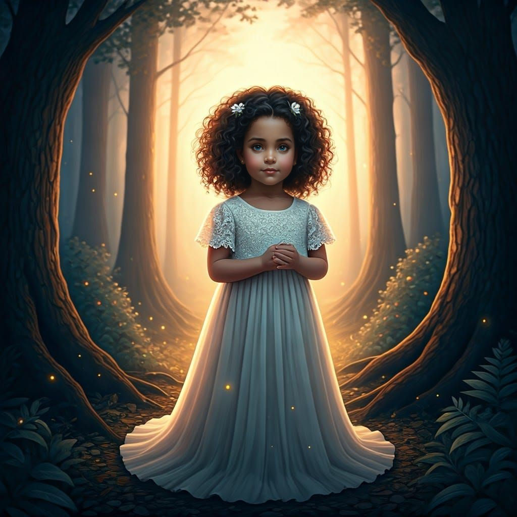 Whimsical Forest Scene with Girl in White Lace Dress