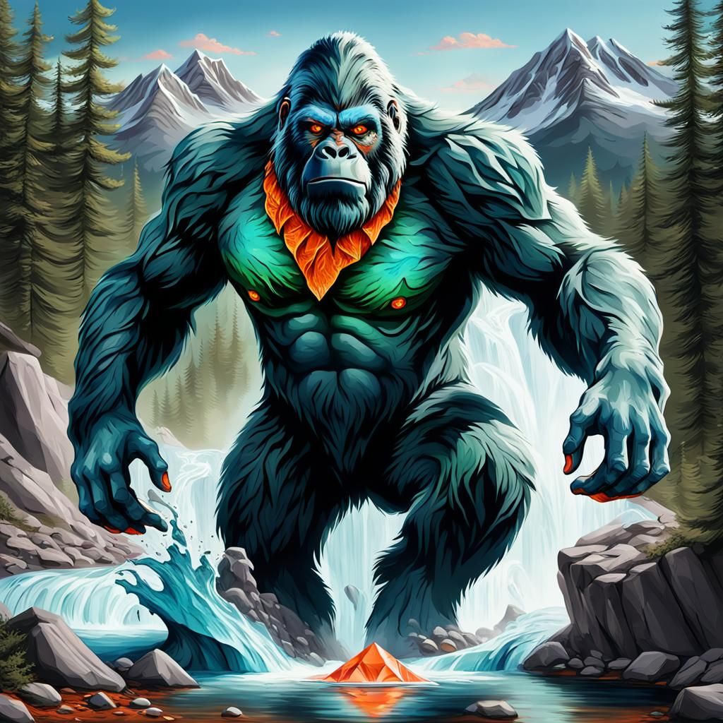 Realistic blue green with orange accents color Bigfoot crack...