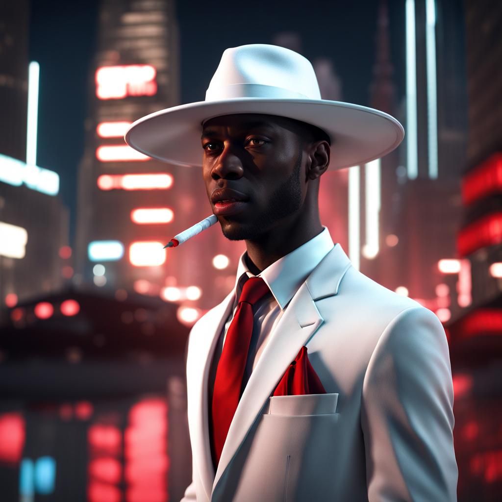 Black man in a white suit with a red neck tie, white wide br...