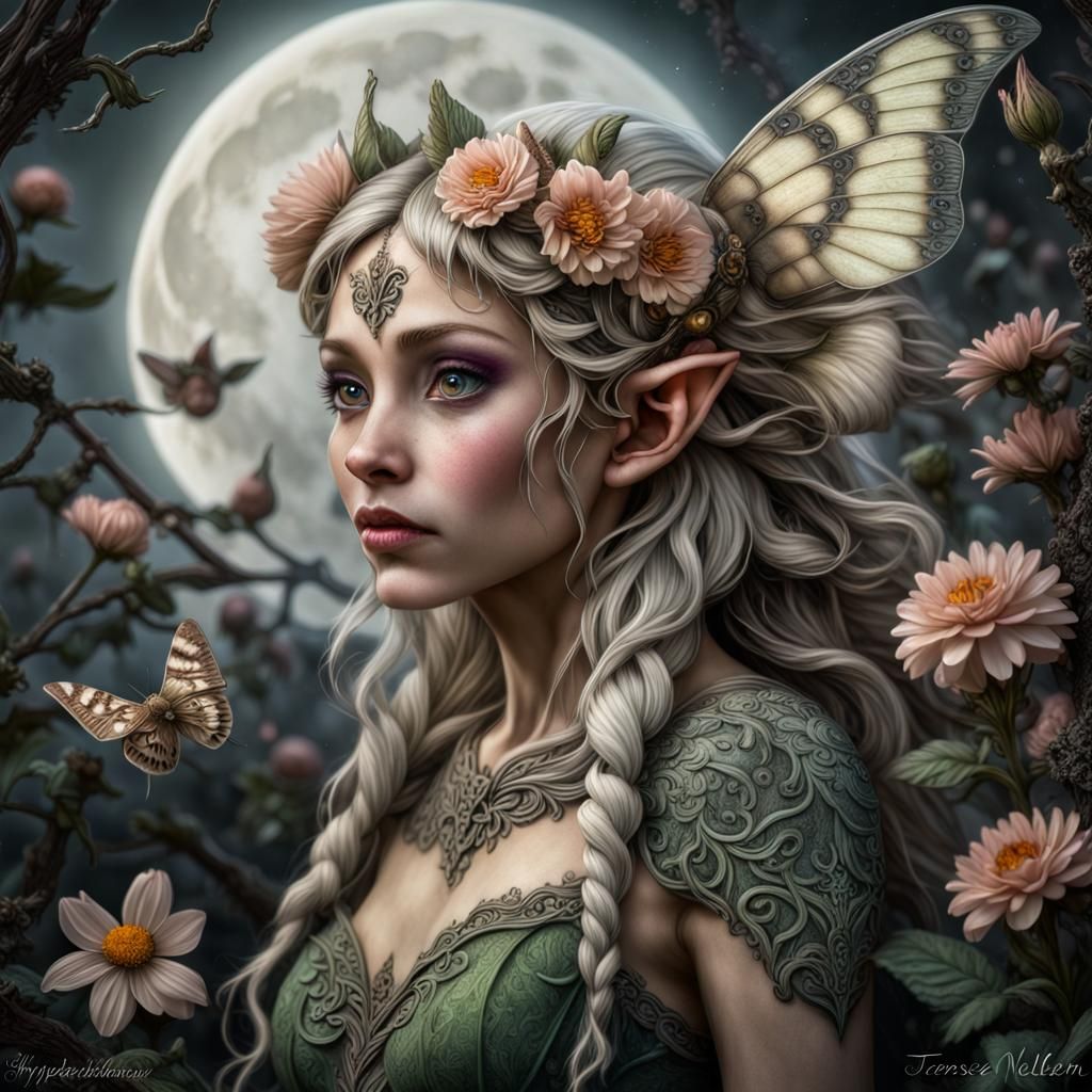 Sinister moon, flower elf, moth, fantasy, Terese Nielsen  by @Fantasy-addict