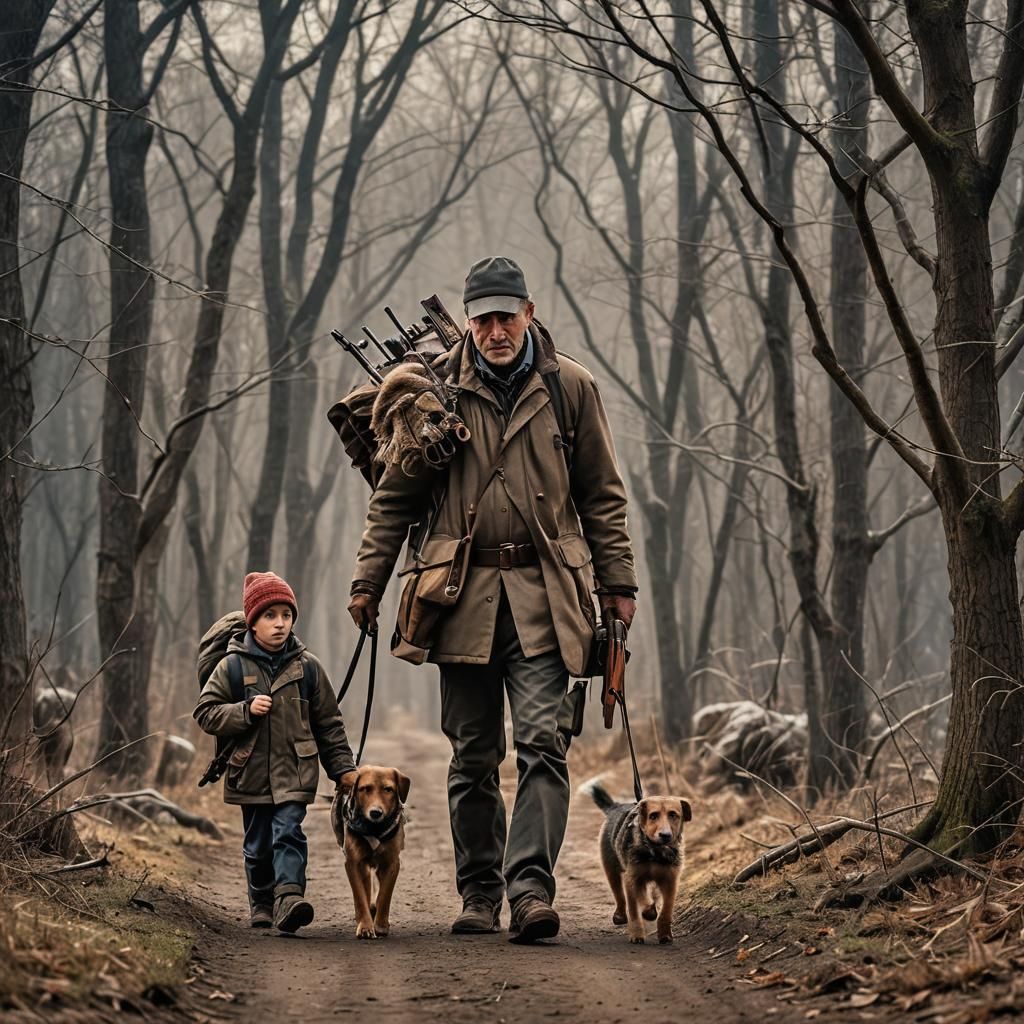 A dad going hunting with his son on a winter morning.