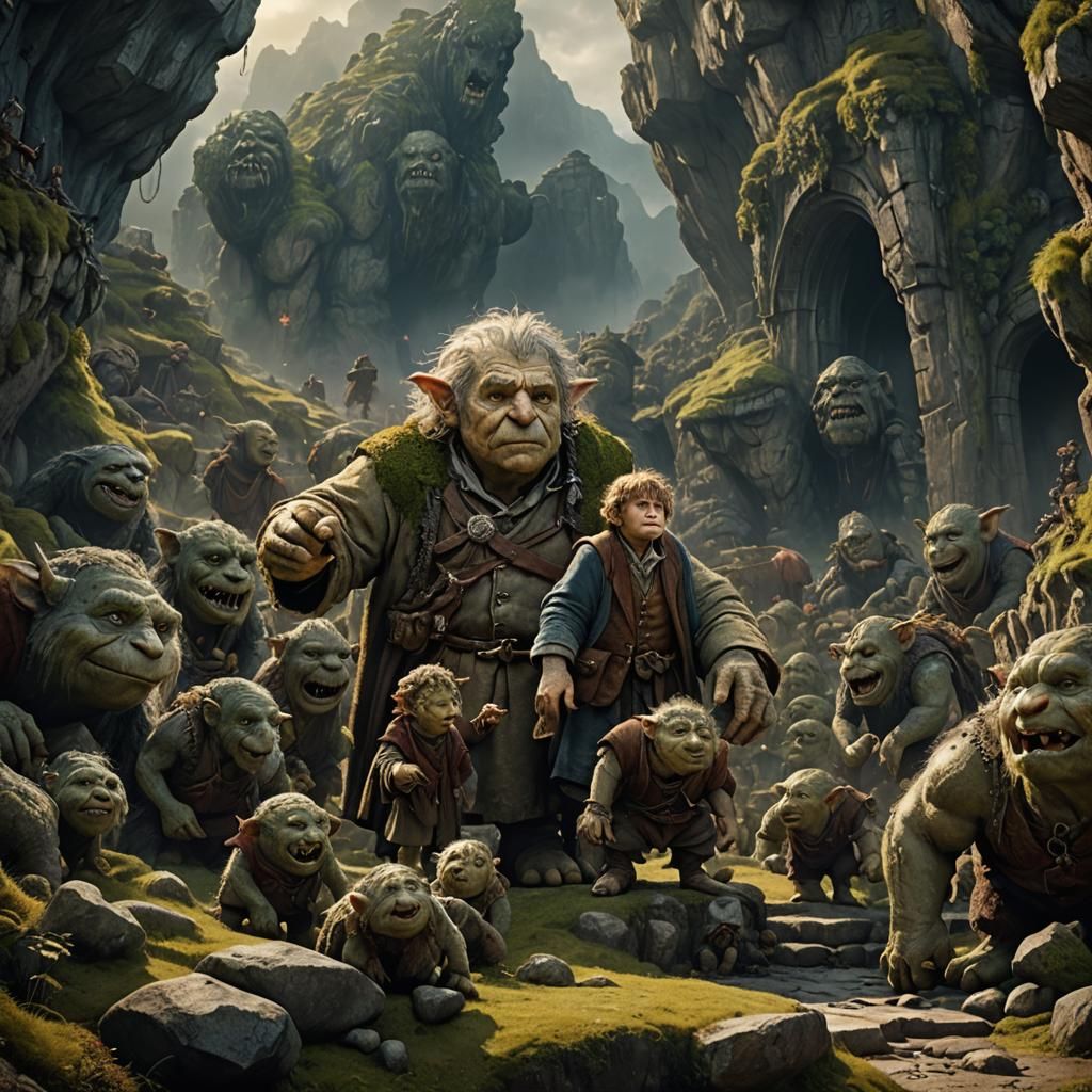 Bilbo Baggins Meets The Stone Trolls - Ai Generated Artwork - Nightcafe 