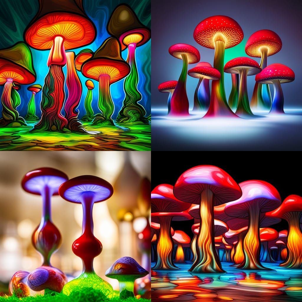 Colorful lava lamps in a shape of mushrooms, intricate details, HDR