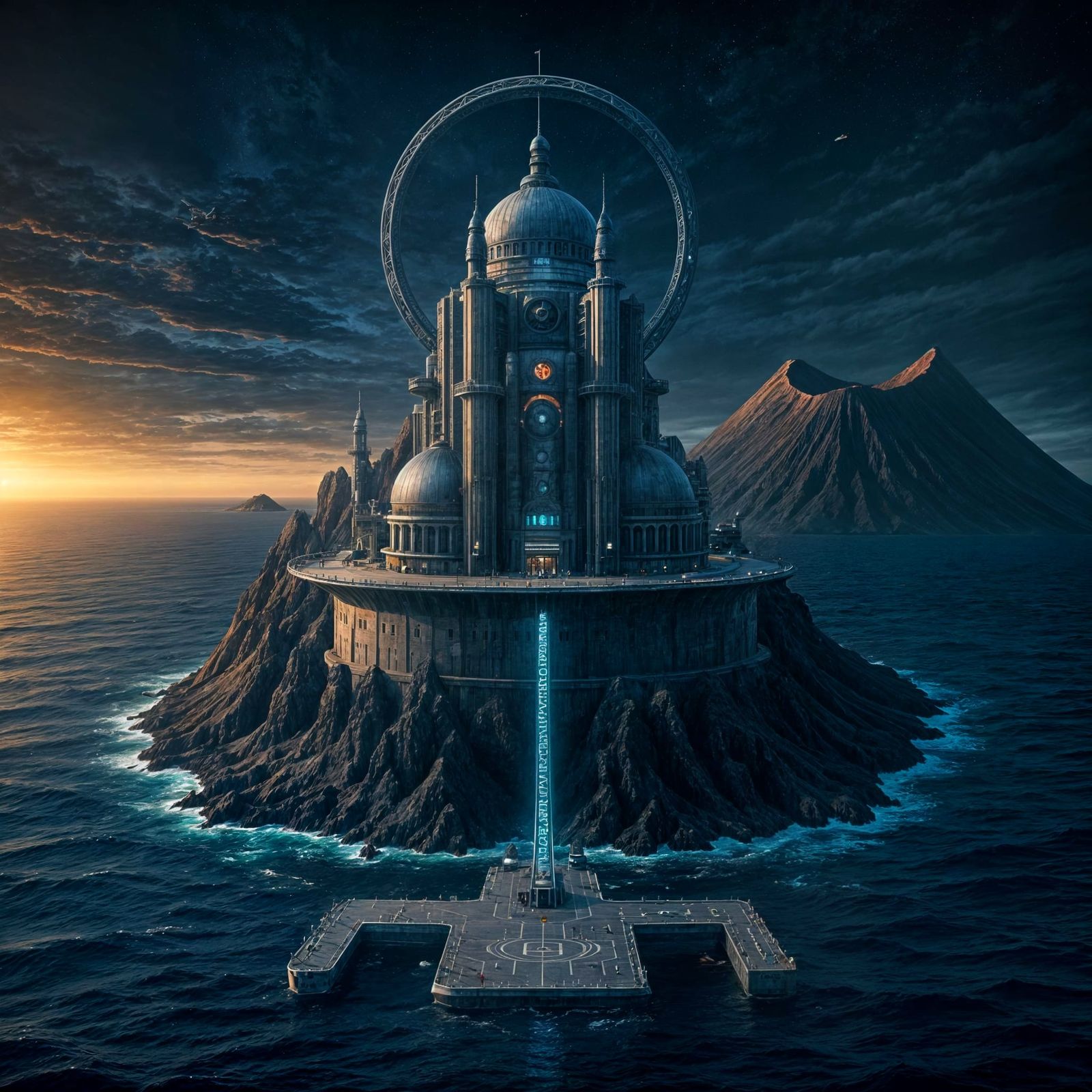 A secluded dark volcanic island with its own docks and a helicopter pad, perfect for a super villain. ...  by @Dantonio