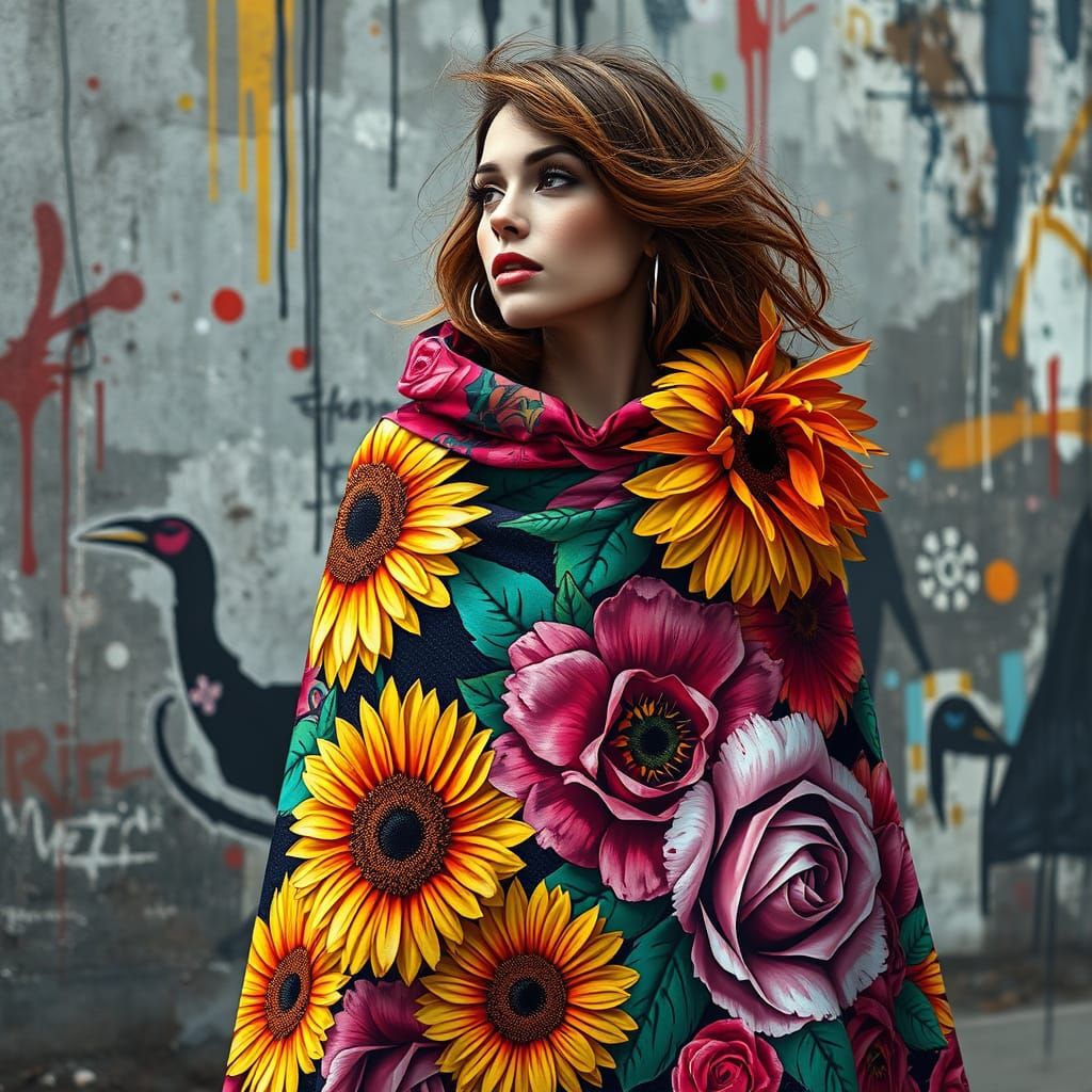Woman in Vibrant, 3D Floral Cloak with Graffiti and Polychro...