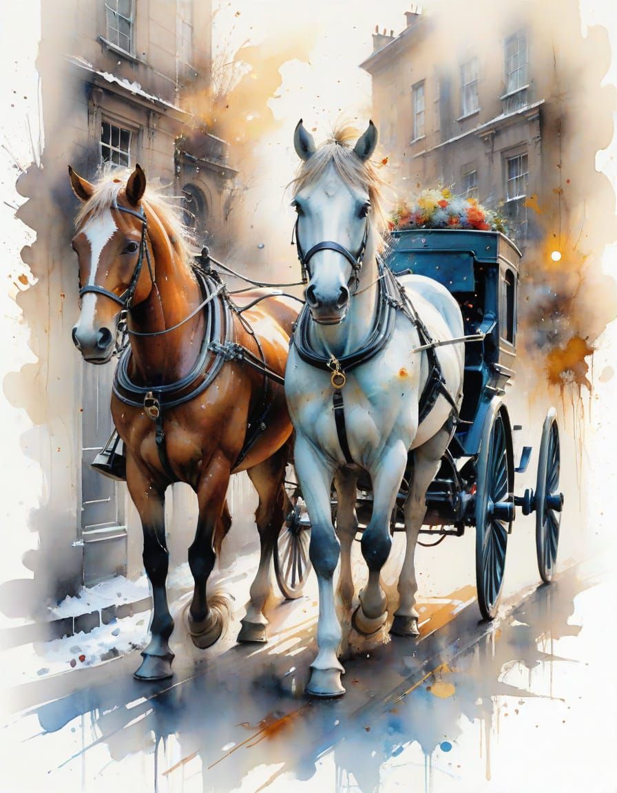 Whimsical watercolour. Medium shot. A horse-drawn carriage in snowy 18th century London. A coachman ...  by @Tatti
