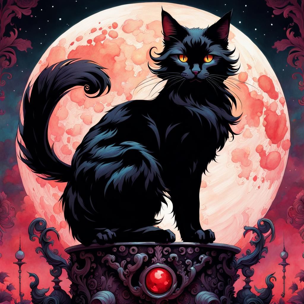 Blood Moon Cat in Watercolor Style