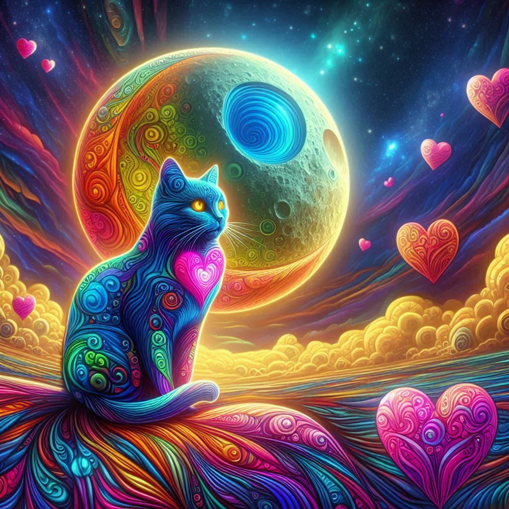 weird art, cat moon and hearts.