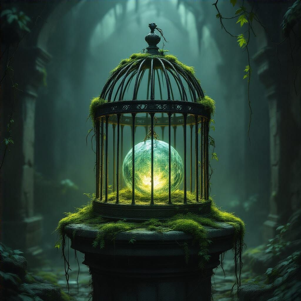 An ancient, forgotten birdcage, overgrown with luminescent moss and vines, rests on a pedestal within a dimly lit, cavernous space. Instead ...