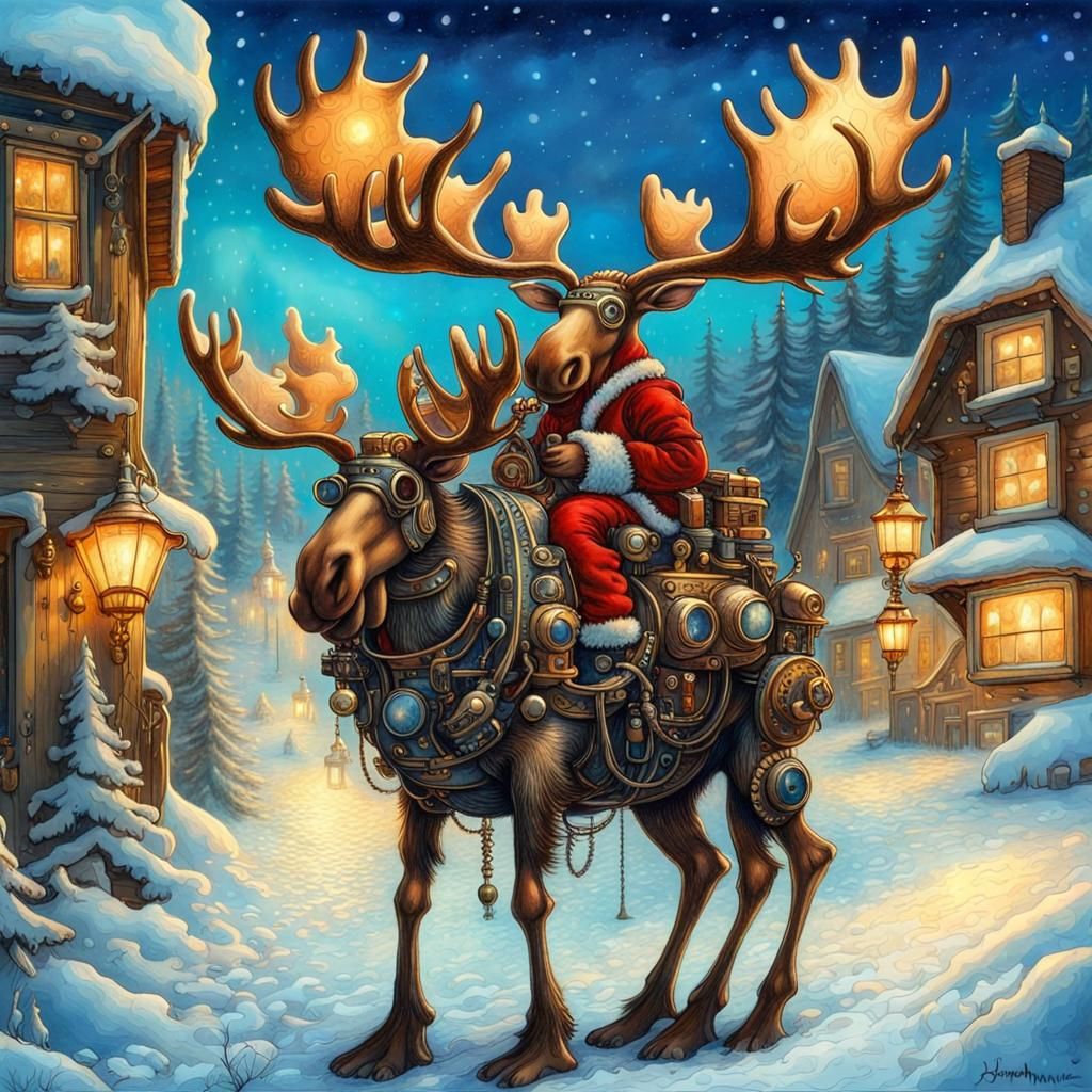 Steampunk moose with Santa Claus sitting on its back Steampu...