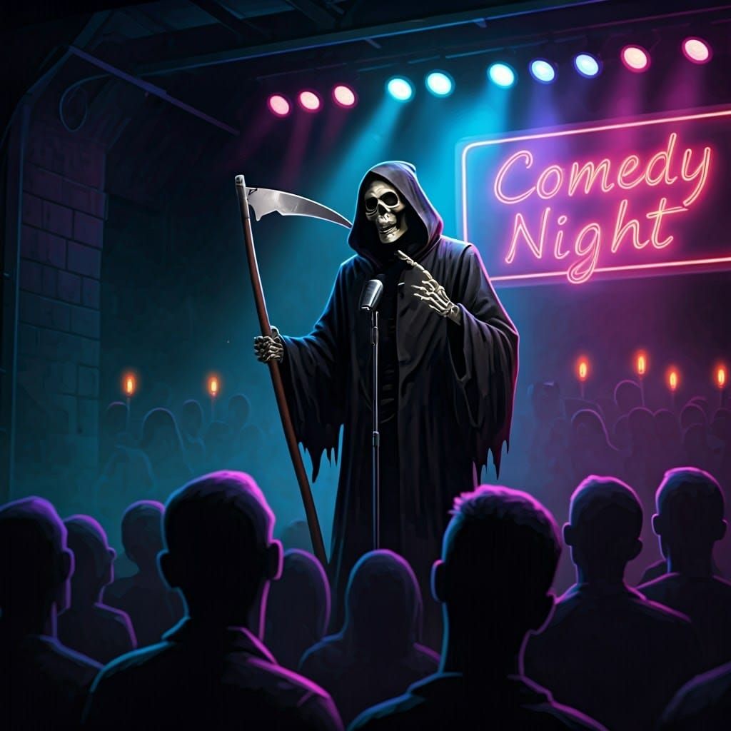 The Grim Reaper standing on a brightly lit stage, holding a microphone instead of a scythe, performing ...  by @Netizen of Bandung