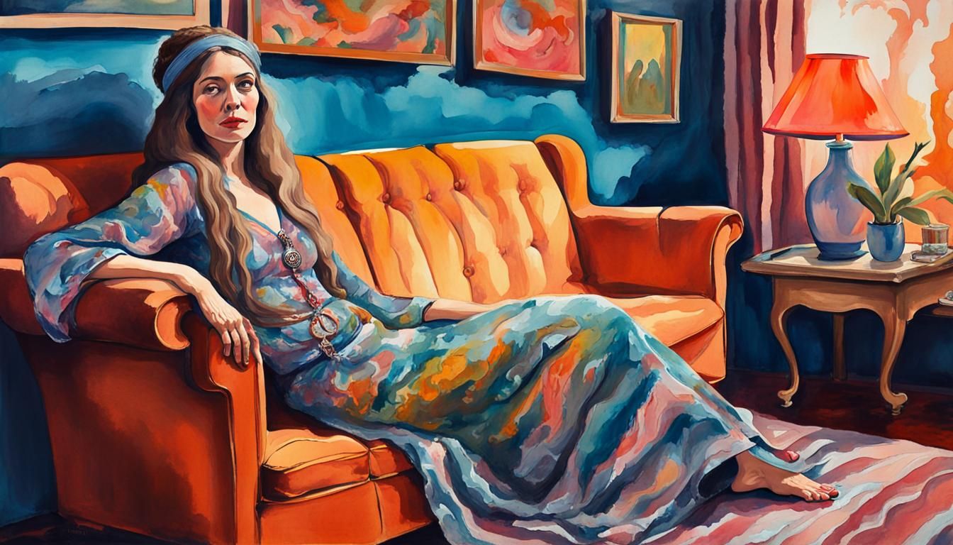 A hippie lady in a Maximalist dress lies on a sofa in a Maxi...