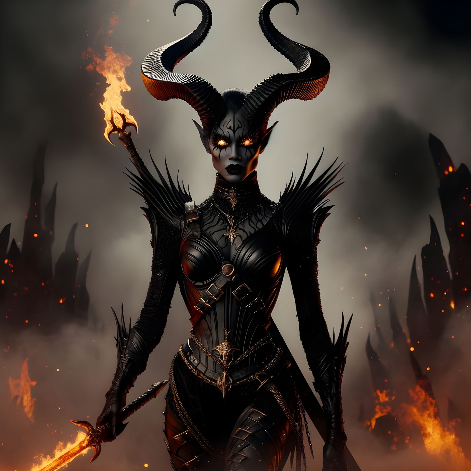 Towering, statuesque muscular demon warrior queen with black hair and a stern, beautiful countenance strides confidently...