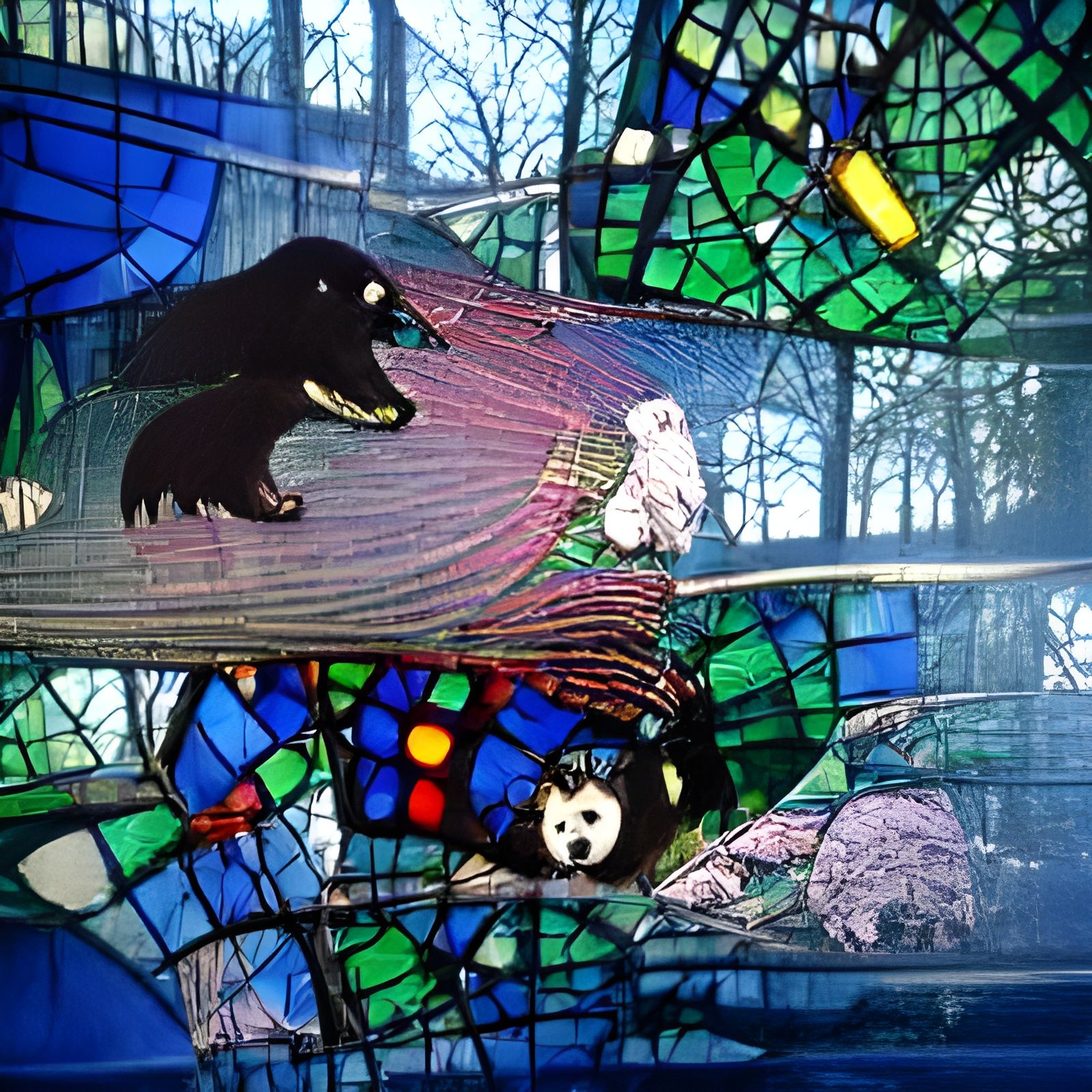 A bear and a hamster in the forest colorful big window backl...