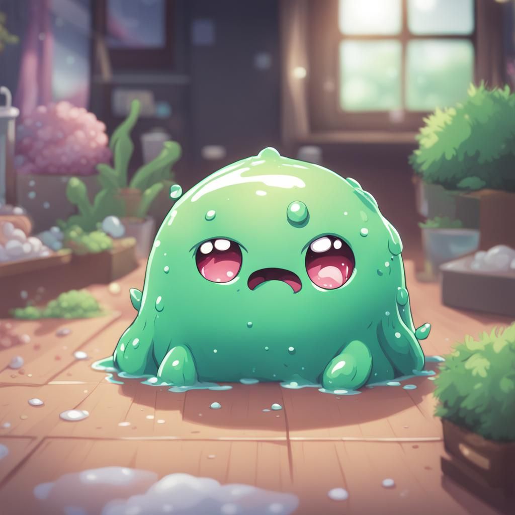 a photo of a cute tiny slime monster with little eyes playin...