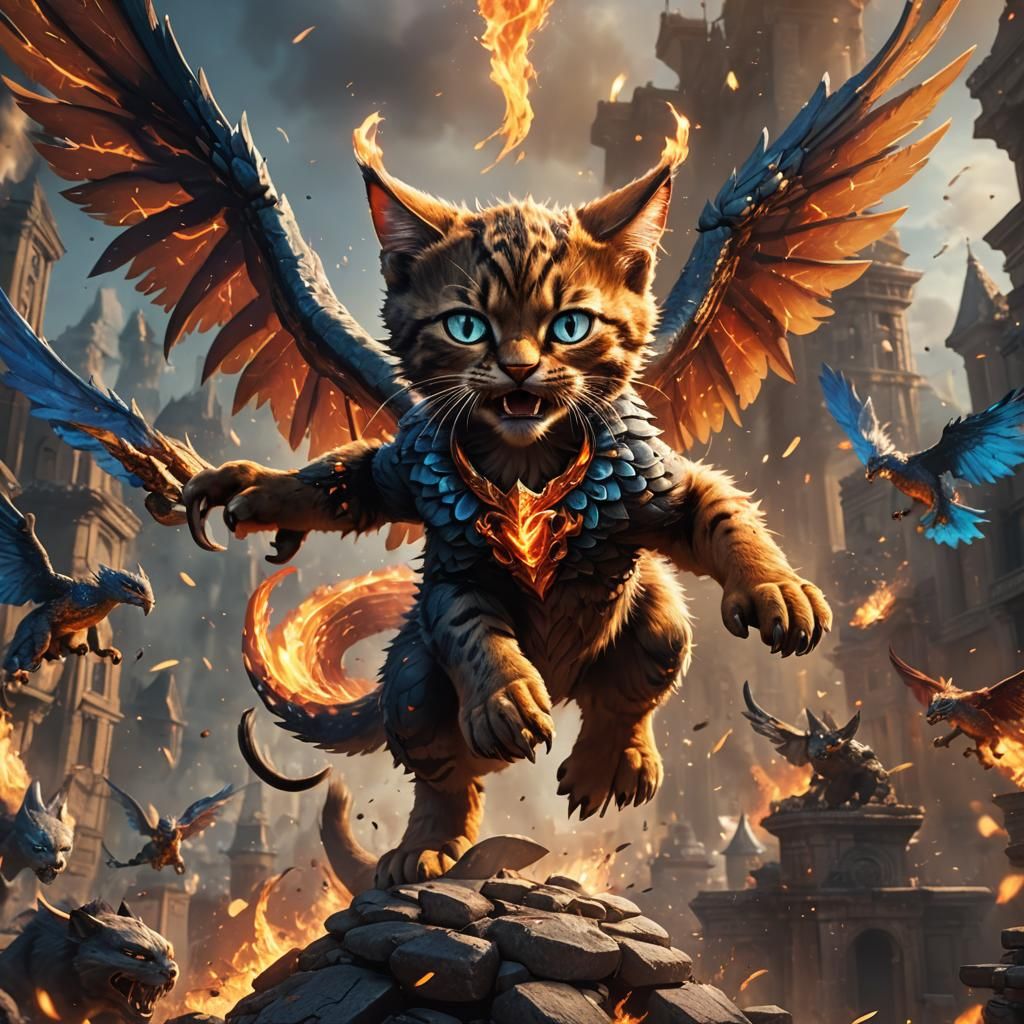 Fiery Kitten Attack: Detailed Fantasy Concept Art