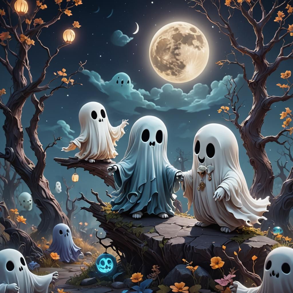 Cute ghost friends under the moon   by @LJ