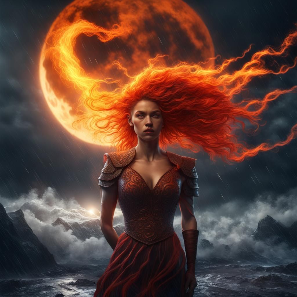 a woman with fire as hair in a storm full moon
