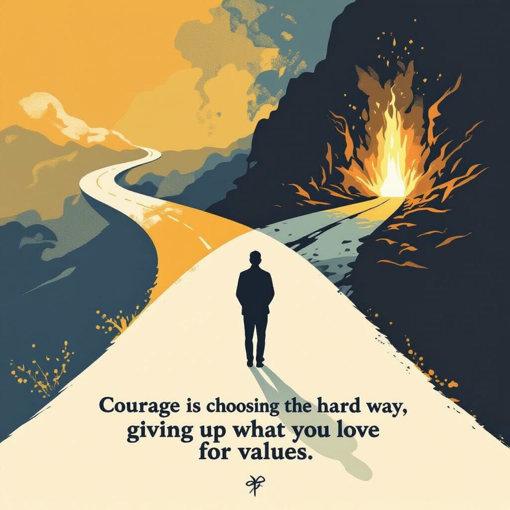 An abstract artistic image shows two roads diverging from each other:
One is bright, pleasant, and easy — and the other is hard, rocky, slig...